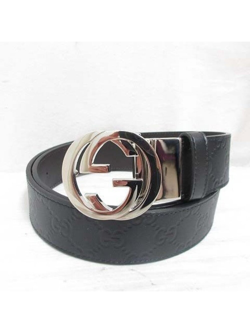 Gucci Interlocking Buckle Reversible Leather Belt Guccissima Black Brown Silver